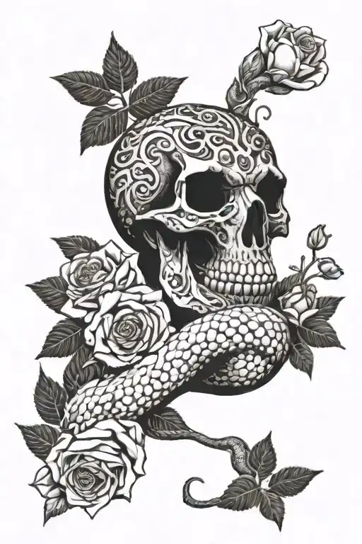 A Snake That Goes Through A Skull And Is Surrounded By Roses