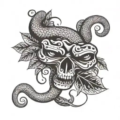 A Tattoo Design Of Cut Head Of A Snake With Six Eyes And Some Leafs And Skate Elements