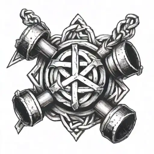 A Celtic Knot Design Incorporating Elements Of Crossfit Equipment Such As Dumbbells And Kettlebells