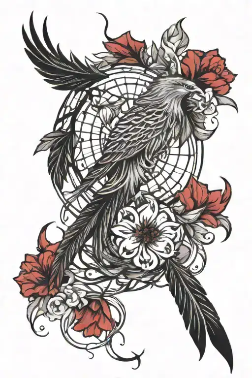 Phoenix Entangled In Dream Catcher Intertwined With Hibiscus