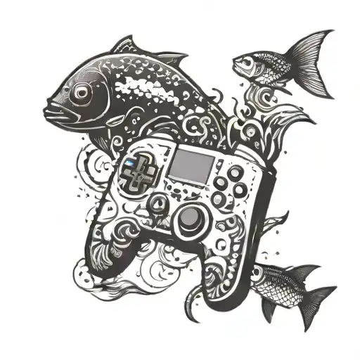 A Pixelated Video Game Controller Surrounded By A School Of Intricate Fish Swimming Around It