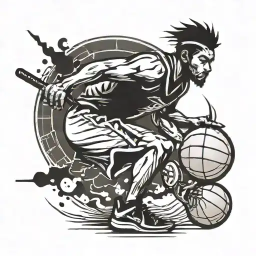A Basketball Player Dribbling A Katana Instead Of A Ball