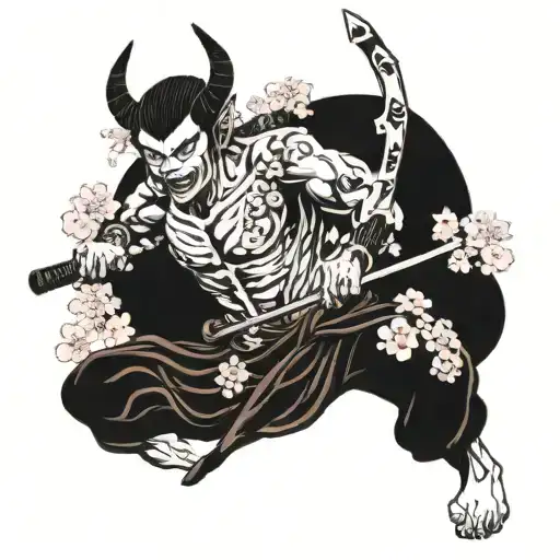 Japanese Demon With Katana And Cherry Blossoms