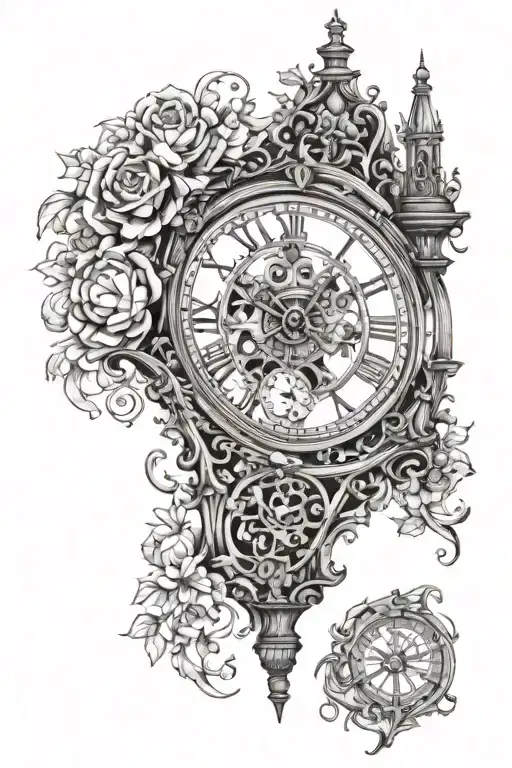 Cathedral Clock Sleeve Tattoo Design