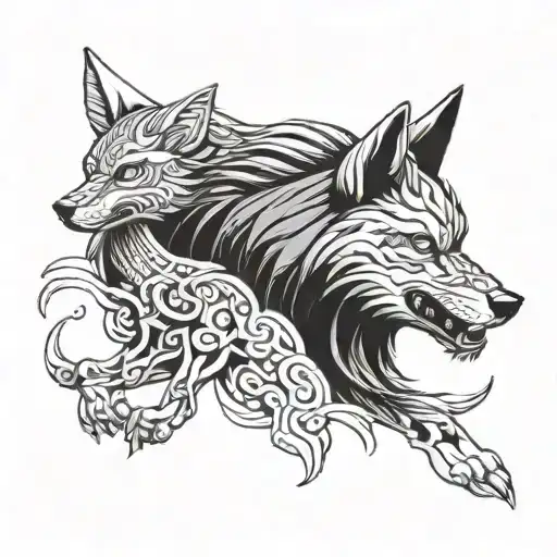 Japanese Worrier And Wolf