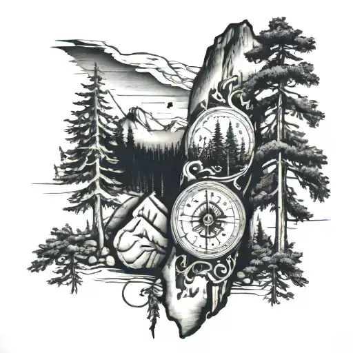 Half Arm Sleeve Wilderness With A Compass And Pine Trees And An Hour Glass
