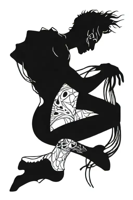 Black And Scary Tattoo On The Knee With Sharp Outlines And A Silhouette