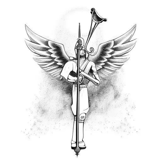 Standing Angel With A Trumpet In His Right Hand And A Sword In His Left Hand