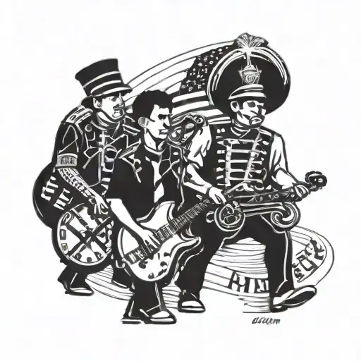 A Tattoo Of A Marching Band Playing Instruments With The Words 'American Pie' In The Background