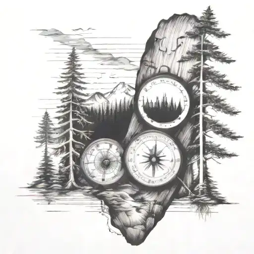 Half Arm Sleeve Wilderness With A Compass And Pine Trees And An Hour Glass