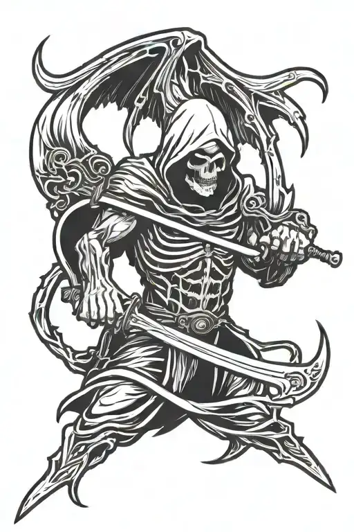 Reaper With Scythe And Half Face With Wings Spread Wide