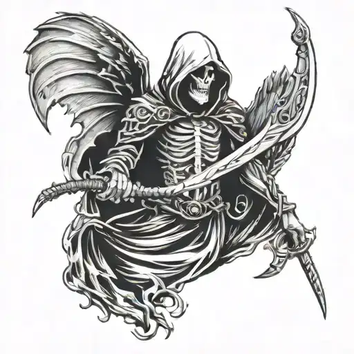Reaper With Scythe And Half Face With Wings Spread Wide