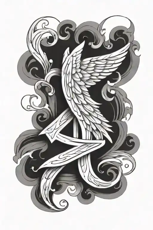 Angel Wings With The Letter J Written In Calligraphy Between Them