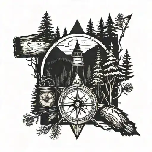 Wilderness With A Compass And Pine Trees And An Hour Glass