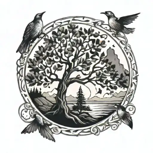 Tree Of Life In Circle With Mountains And Birds Shaded