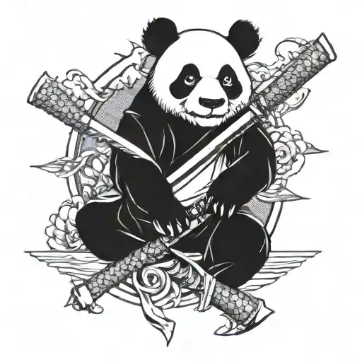 Panda Samurai Japanese Style Tattoo Design Featuring
