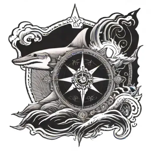 A Hammerhead Shark Swimming Through A Compass Rose In The Middle Of A Stormy Ocean