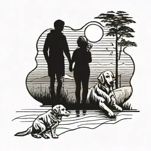 Family With One Daughter And A Golden Retriever Looking To Sunset