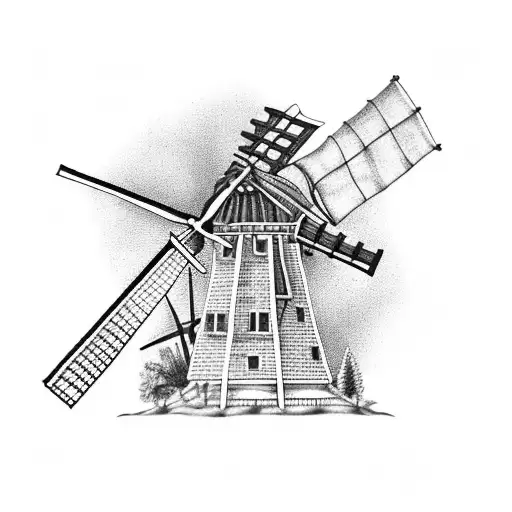 A Blackwork Tattoo Of An Old Fashioned Windmill Surrounded By Cricket Bats And A Glass Of Brandy