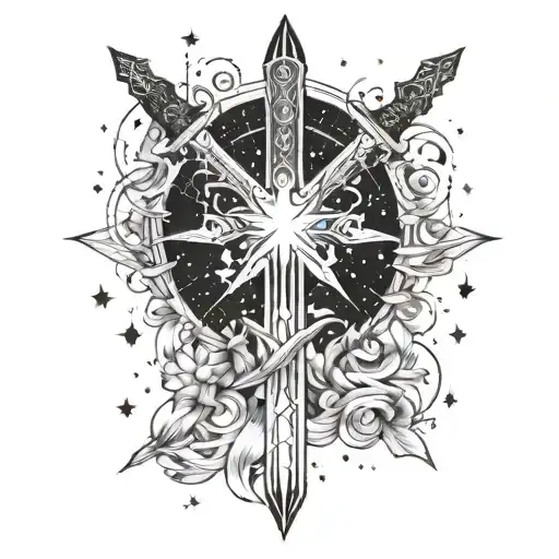 A Flaming Sword Surrounded By Clustered Stars In A Fantasy-inspired Design Feminine