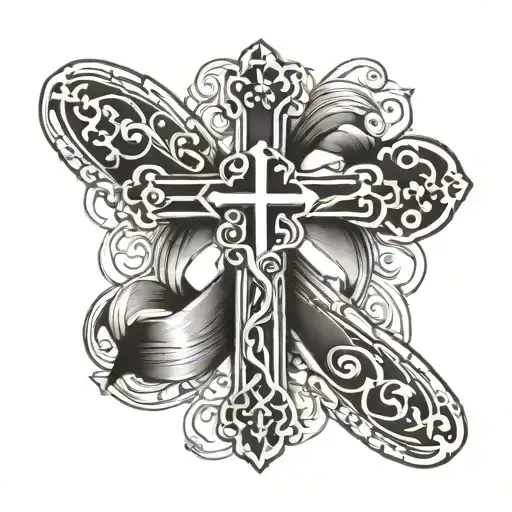 A Cross Tattoo With Cancer Ribbon Around It