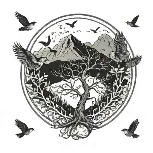 Tree Of Life In Circle With Mountains And Birds Flying