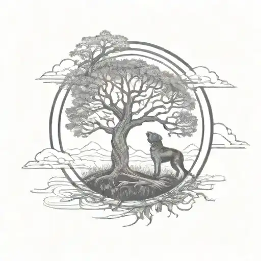 Delicate Tree Of Life In A Circle With Woman And Dog Standing Next To Each Other