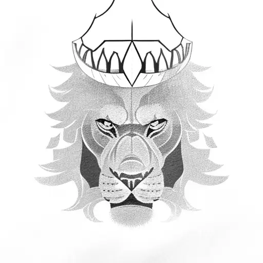 A Blackwork Tattoo Of A Roaring Lion Wearing A Gladiator Helmet