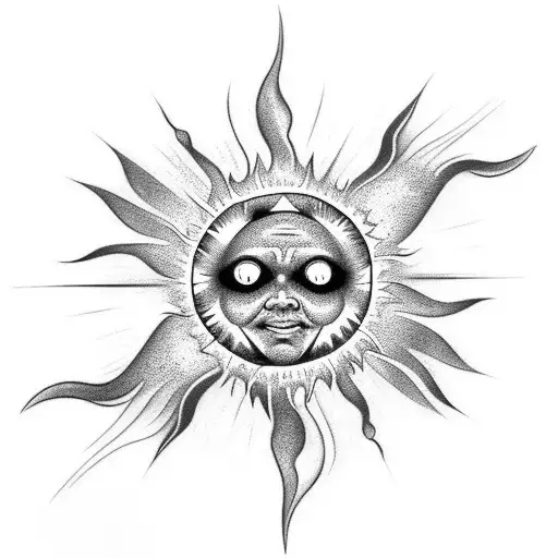 A Realistic Black-grey Tattoo Of The Sun Surrounded By Swirling Cosmic Rays
