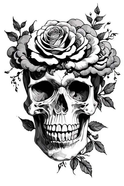 Roses Around Skull With Clouds Above