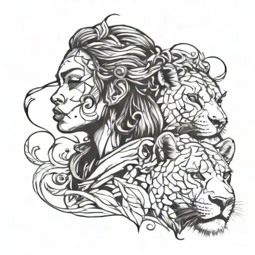 Warrior Girl And Lioness Blended Together