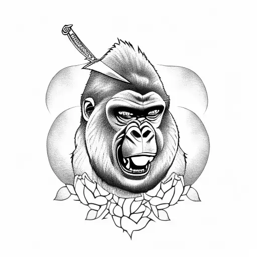 Roaring Gorilla With Roses And Sword