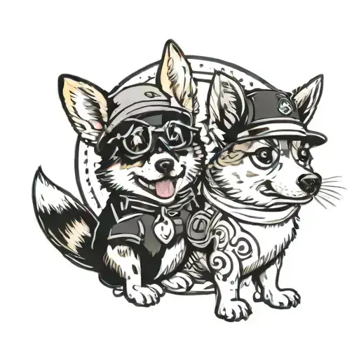 A Tattoo Of A Corgi Wearing A Chef's Hat And A Grey Cat With Glasses Playing Video Games Together
