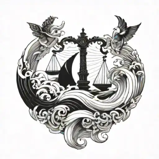 A Wave Pattern Intertwined With Legal Scales Symbolizing The Harmony Between Nature And Justice