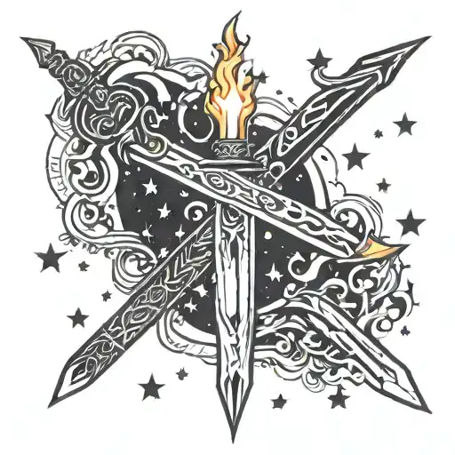 A Flaming Sword Surrounded By Clustered Stars In A Fantasy-inspired Design