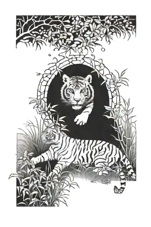 Tiger Behind Bushes Stalking Prey Under Full