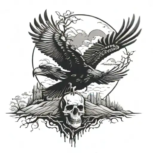 Old Skull Black Detailed Crow Flying To Land On Skull With Spooky Landscape