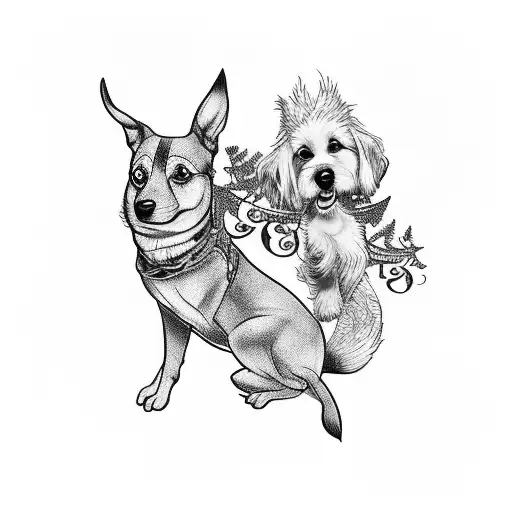 A Whimsical Tattoo Of Your Grandkids Playing With Your Dog In A Magical Forest