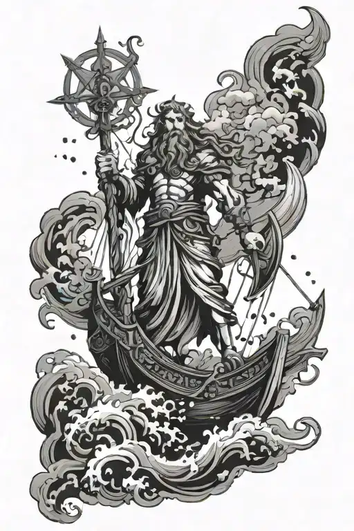 Poseidon And Star Of David With Small Ship In A Storm