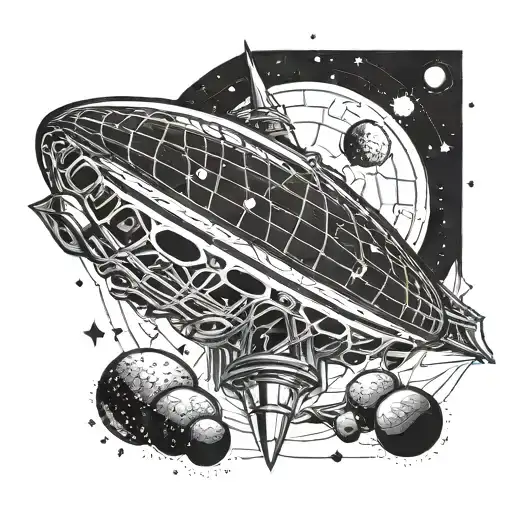 A Geometric Alien Spaceship Hovering Over A Detailed Solar System