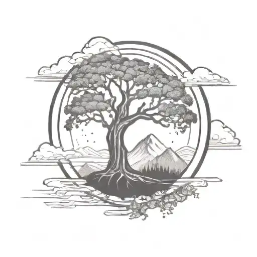 Tree Of Life In A Circle With Mountains In The Background And Shading Around The Outside