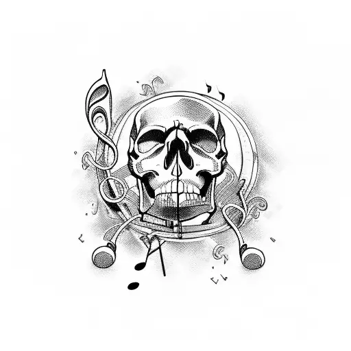A Skull Surrounded By Music Notes And A Quill Pen