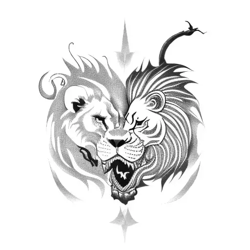 A Fierce Lion With A Heart In Its Mouth And Dragon Battling Each Other