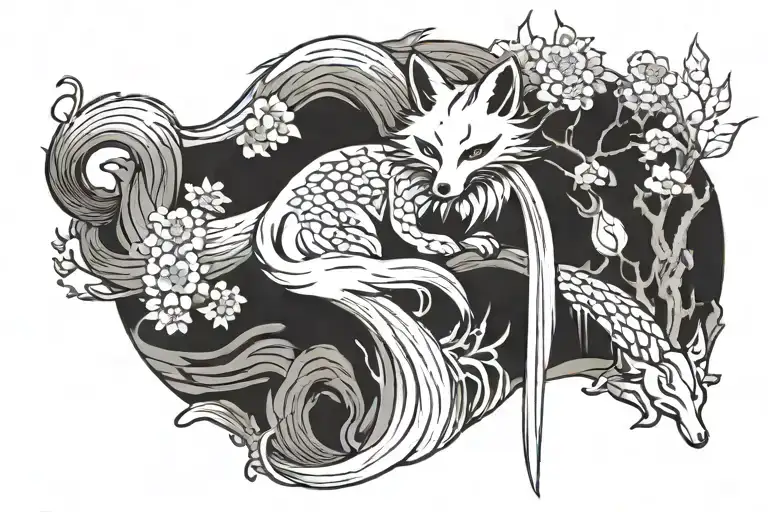 Kitsune Fox Full Body Pagoda Waterfall Lotos Flower Japan Style Fox Set On Right And Show 9 Tails