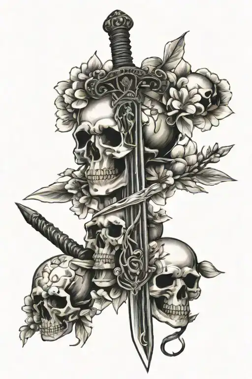 Sword With Cherry Blossoms And 3 Skulls Surrounded