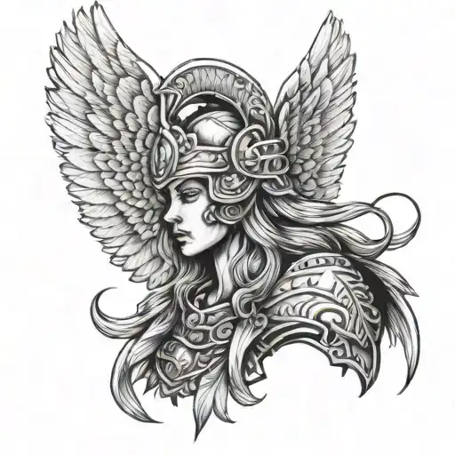 Angel Mom With A Warrior Helmet And Wings Made Of Feathers