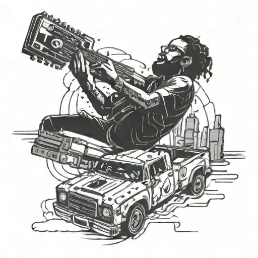 A Futuristic Music Cityscape With Izayah Izekiel Playing A Guitar On Top Of A Tonka Truck