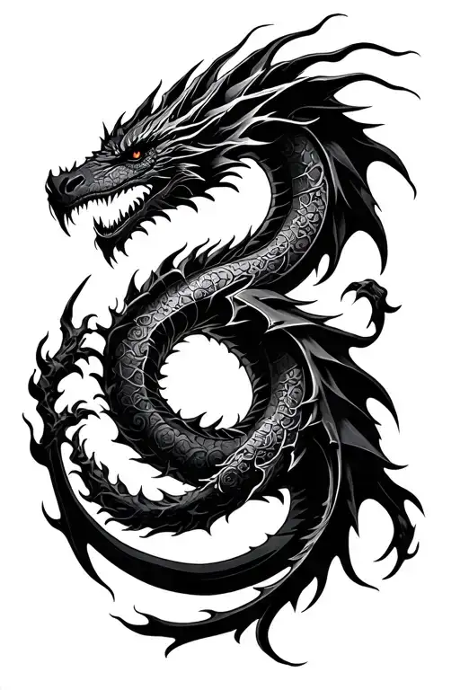 A Fragmented Black Smoke Tattoo That Makes A Western Medieval Dragon In The Skin