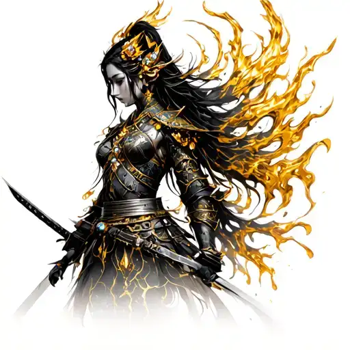 A Female Mystical Samurai Being With A Body Made Of Melted Gold And Adorned With Precious Crystals