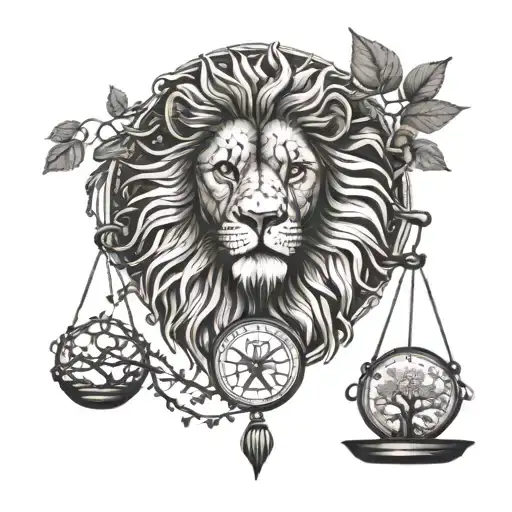 Lion Head And Justice Scales With Life Tree Emerging